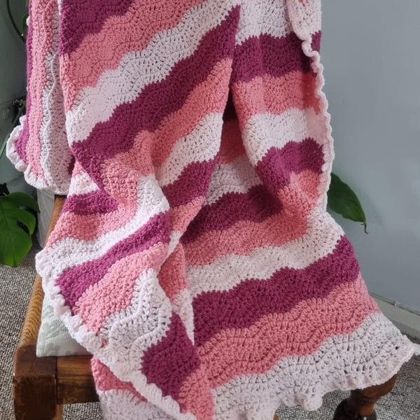 Pretty pink crochet baby blanket,  striped ripple effect, newborn gift