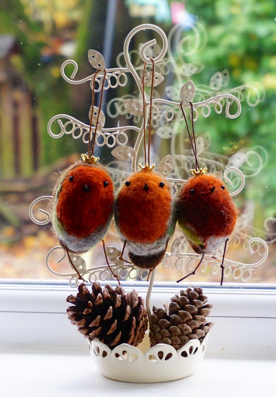 Wet felted Christmas Robin hanging ornament