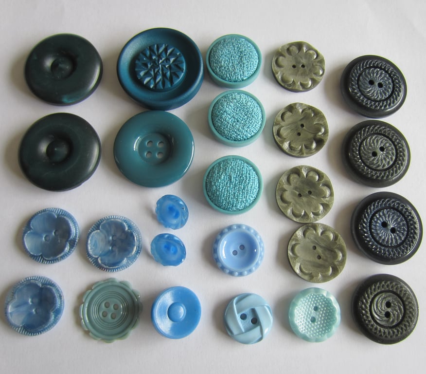 25 Vintage Buttons. Blue, Green and Grey Assortment