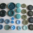 25 Vintage Buttons. Blue, Green and Grey Assortment