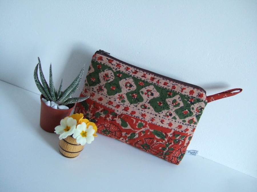Hand printed vintage Indian fabric, toiletries, make up or storage bag.