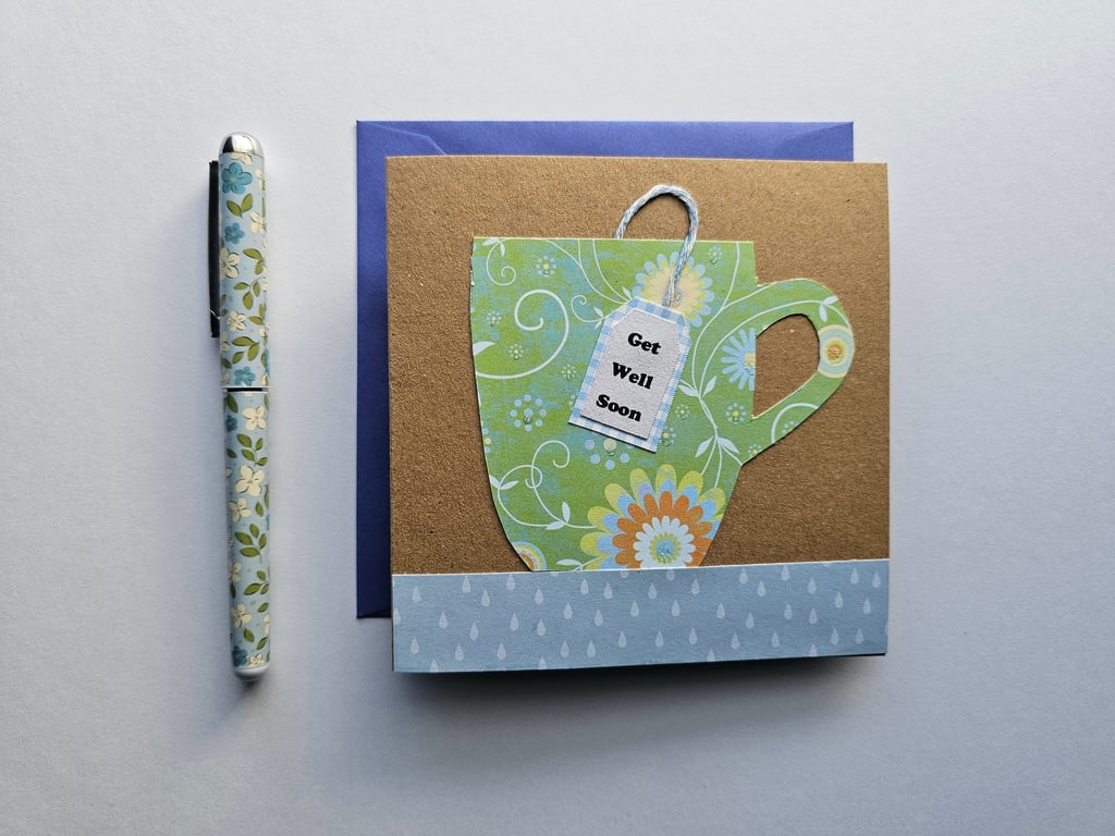 Square Handmade Mug and Teabag Get Well Card Size 5" x 5" 