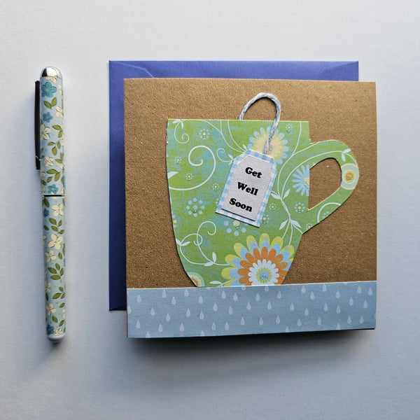 Square Handmade Mug and Teabag Get Well Card Size 5" x 5" 
