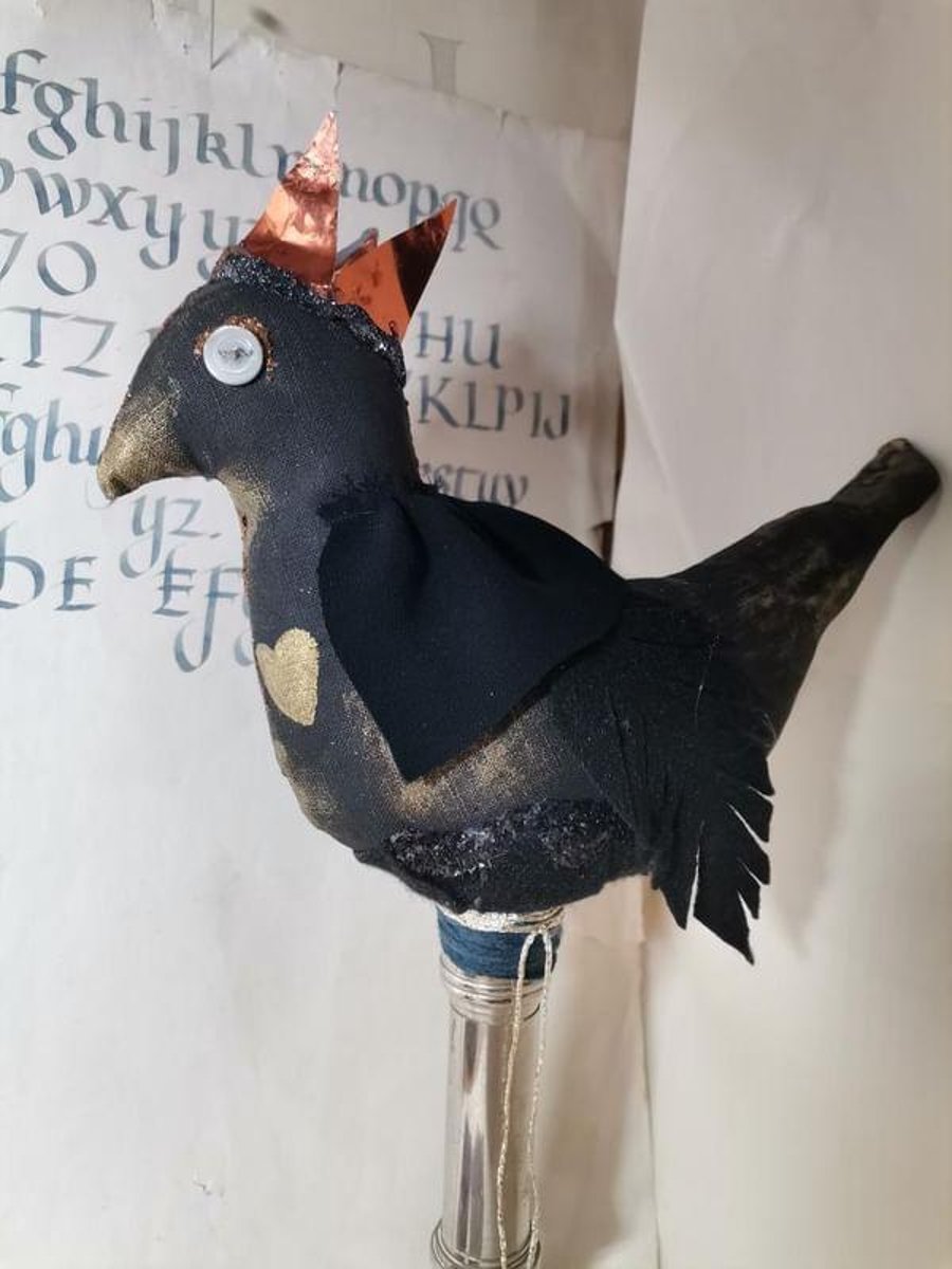 Primitive textile art bird, crow, raven, sculpture, textile art, home decor