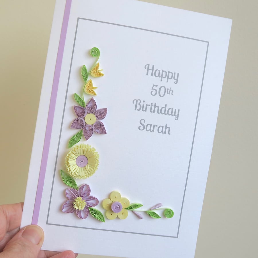 Personalised 50th birthday card with quilled flowers
