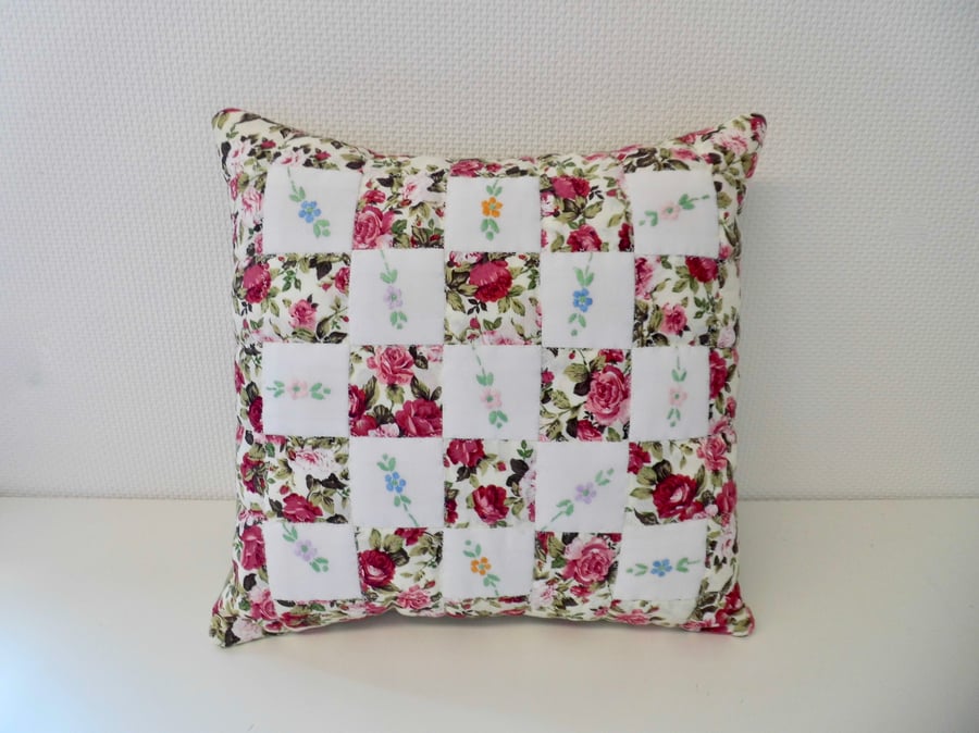 SOLD Pink roses patchwork cushion with vintage embroidered flowers
