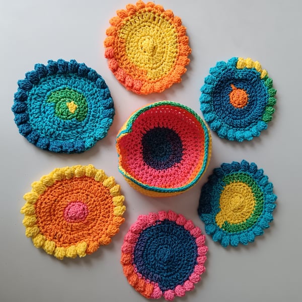 Crochet Coasters (Rainbow 2) - set of 6 plus holder