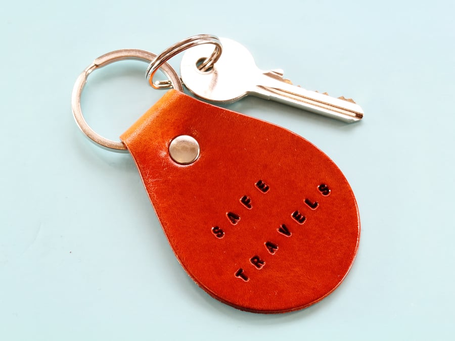 Safe Travels Leather Keyring, Handmade Leather Key Fob, Leather Keychain