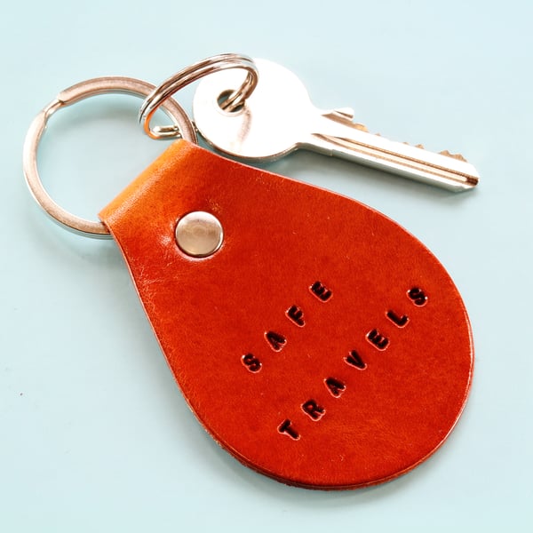 Safe Travels Leather Keyring, Handmade Leather Key Fob, Leather Keychain