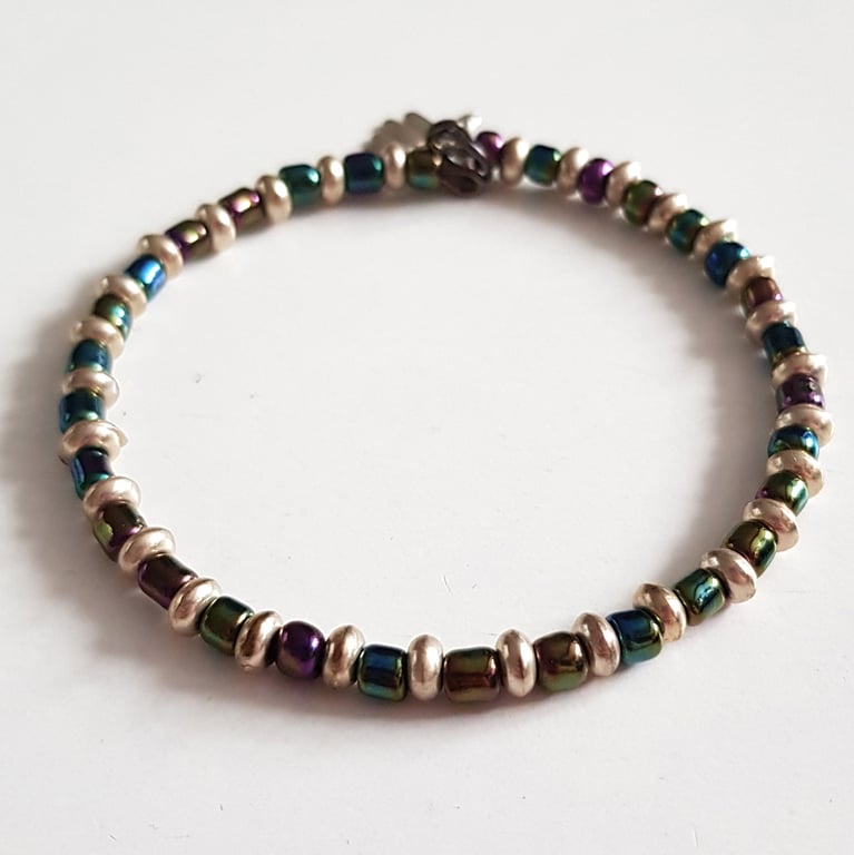 Iridescent Peacock Beaded Open Cuff Memory Wire Bracelet