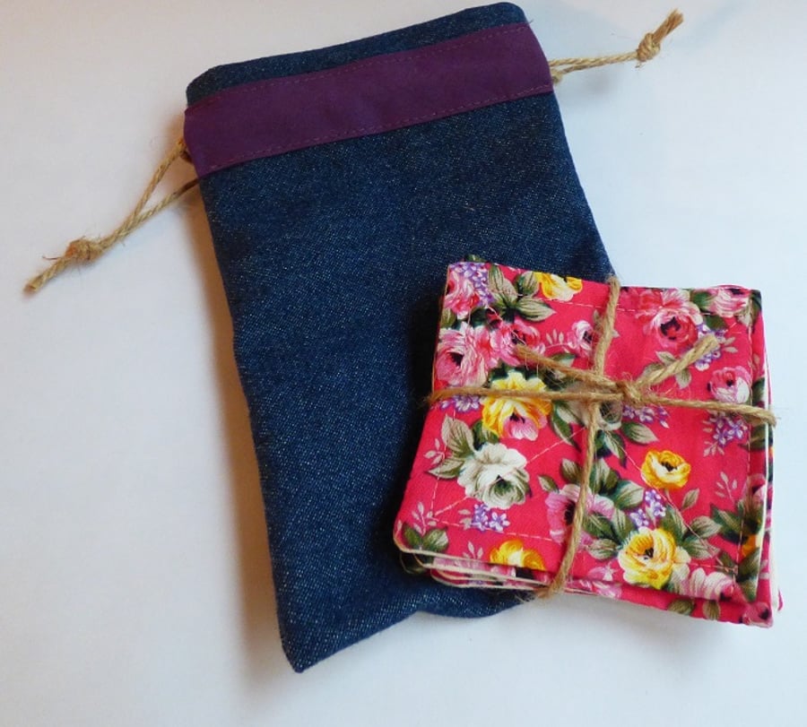 Washable make up remover pads x5 pink floral pads denim bag