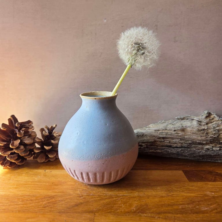 Pink and Blue incised handmade stoneware bud vase