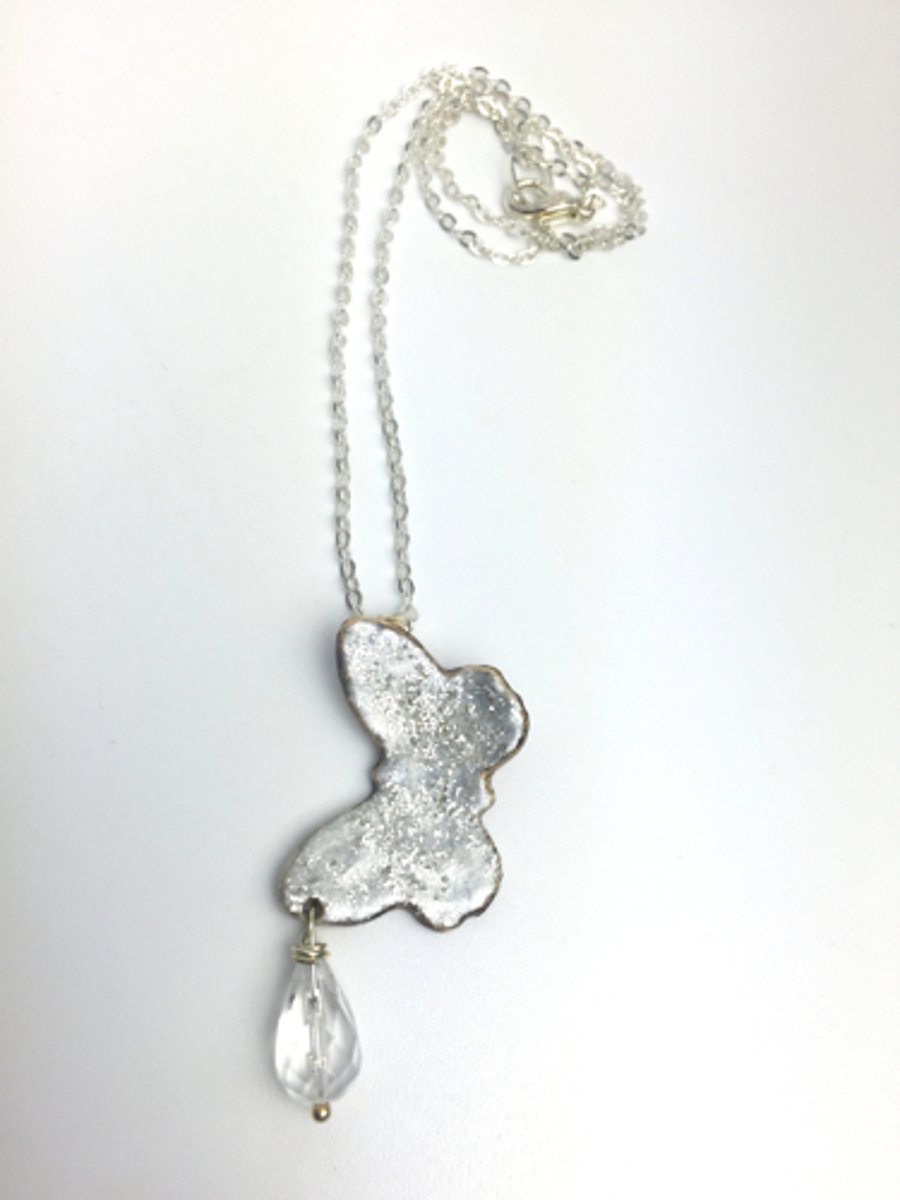Silver Sparkle Ceramic Butterfly Necklace