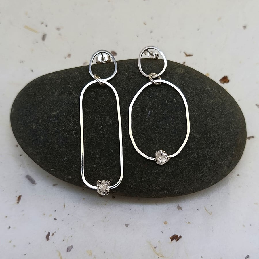 Recycled Sterling Silver Curved Wire And Silver Rock Earrings