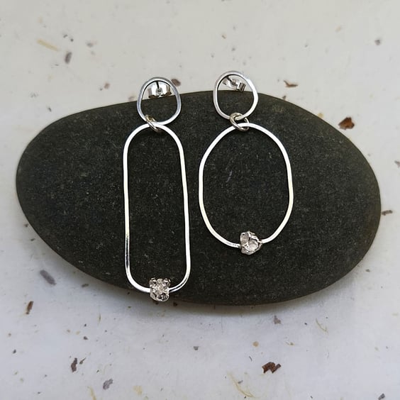 Recycled Sterling Silver Asymmetrical Wire Drop Earrings with Silver Nuggets