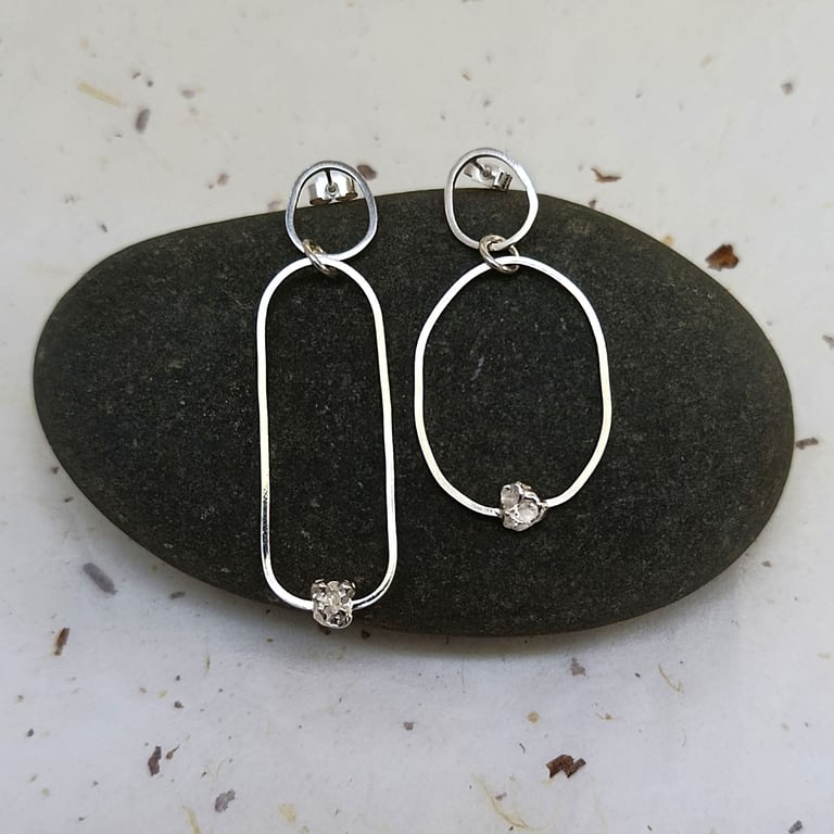 Recycled Sterling Silver Curved Wire And Silver Rock Earrings