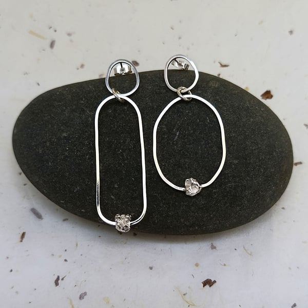 Recycled Sterling Silver Curved Wire And Silver Rock Earrings