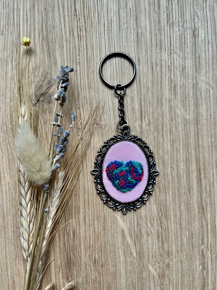 Multicoloured Heart Embroidery Keyring