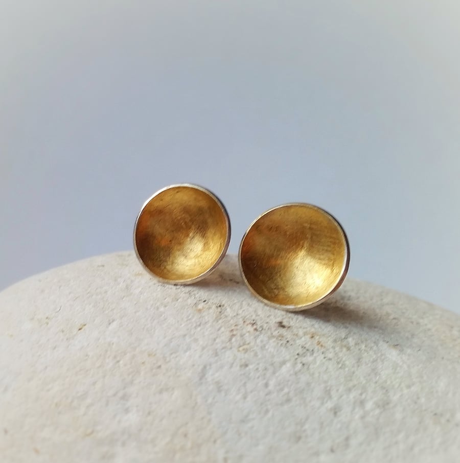 Simple Silver and 24ct Gold cup stud earrings, handmade in UK minimal elegant
