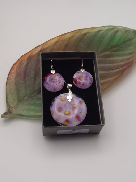 Purple Pansies (2) Fused Glass Hook Earrings and Pendant Set