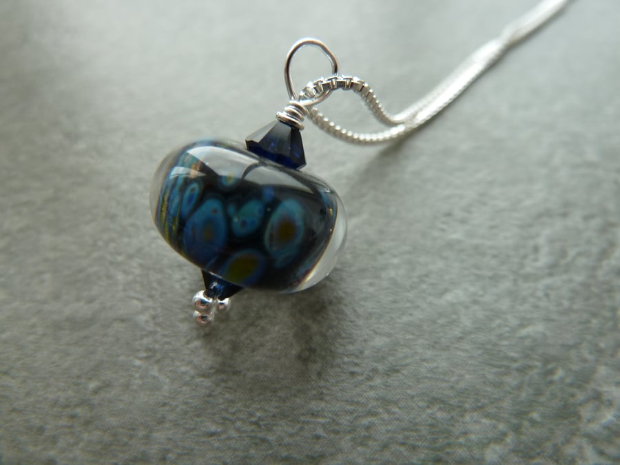 sterling silver chain, blue speckled pendant