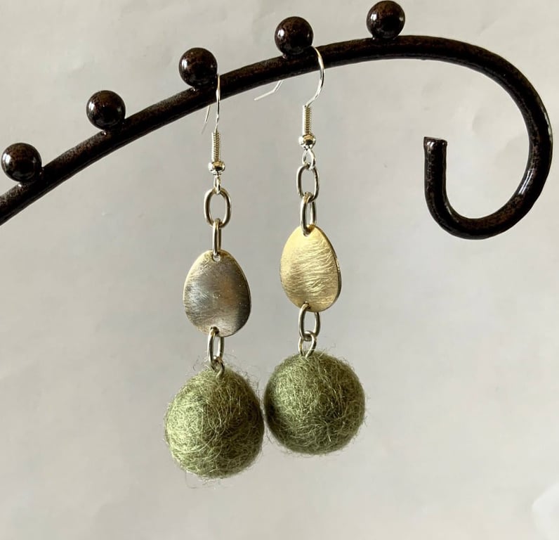 Merino Wool ball earrings with metal charm