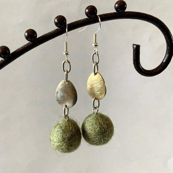 Merino Wool ball earrings with metal charm