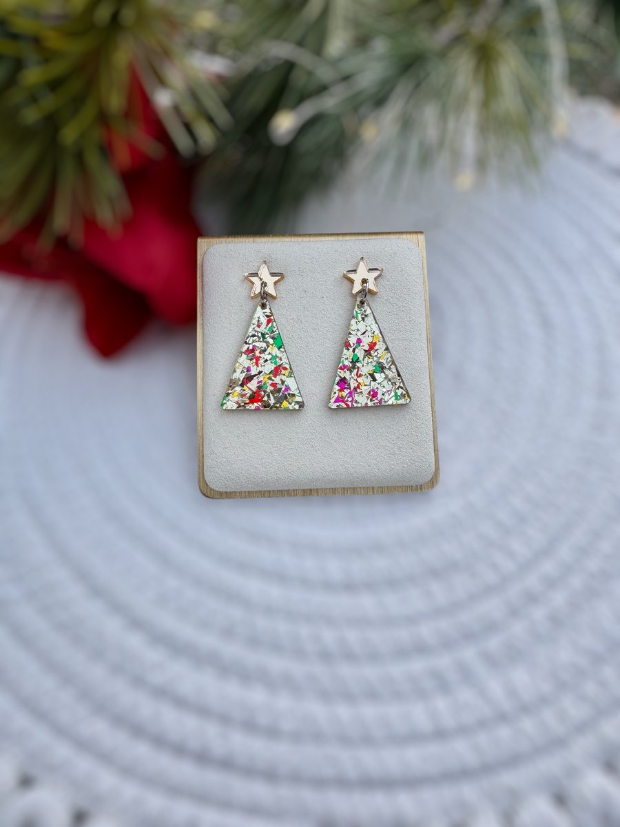 Geometric Christmas Tree Acrylic Earrings -Gold