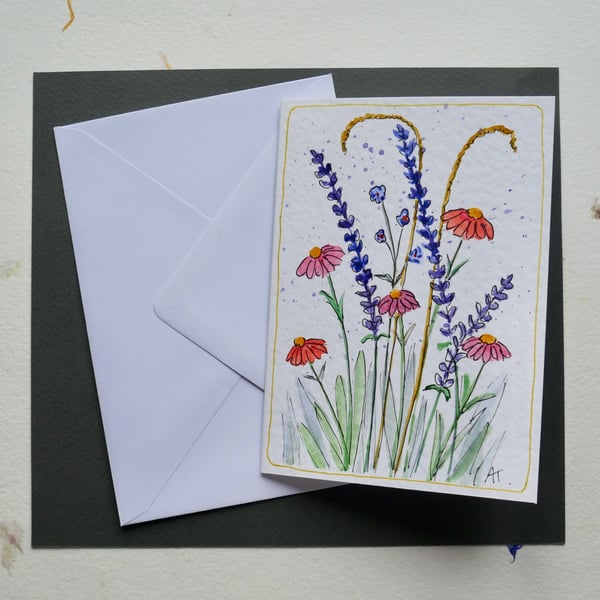 Unique Hand Drawn & Painted Floral Greetings Card with Envelope - Blank inside