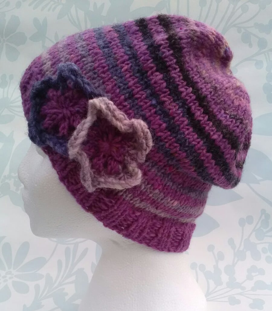 Handknit Noro Donegal Tweed stripey Hat with flowers Mauve mix MED