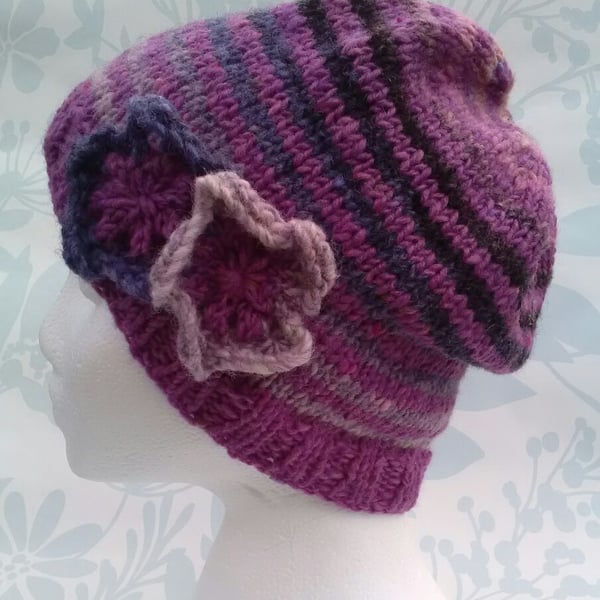 Handknit Noro Donegal Tweed stripey Hat with flowers Mauve mix MED