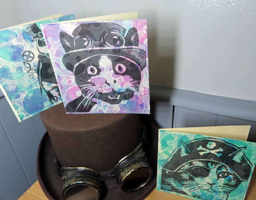 Steampunk Animals Gelli Printed Art Greeting Cards Set One Off Cogs