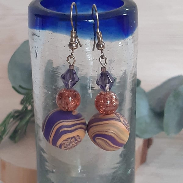 Dangly polymer clay earrings in purple and gold 
