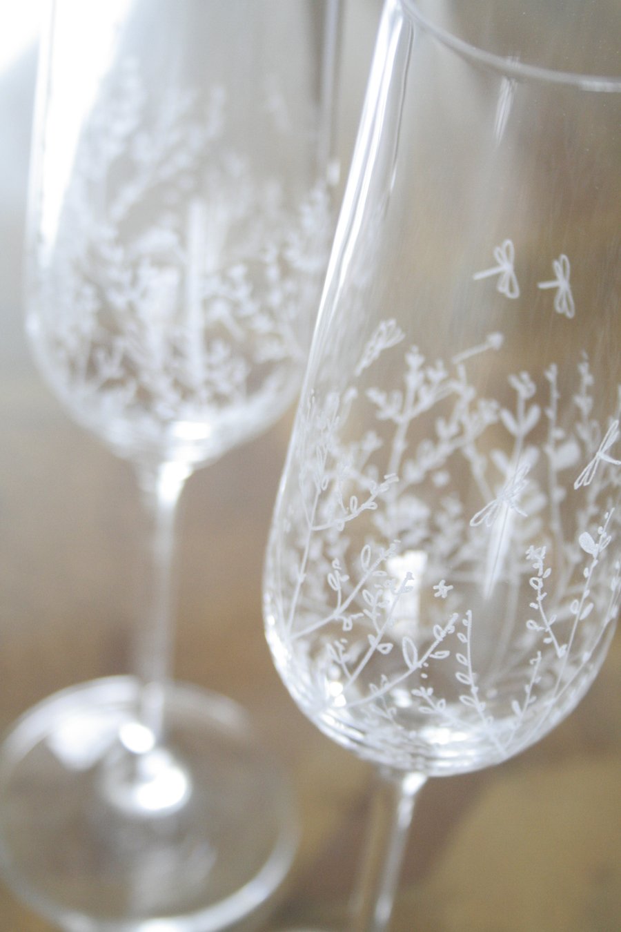 Pair of Crystal Natural World Champagne, Hand Engraved Champagne Flutes