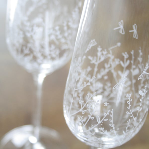 Pair of Crystal Natural World Champagne, Hand Engraved Champagne Flutes
