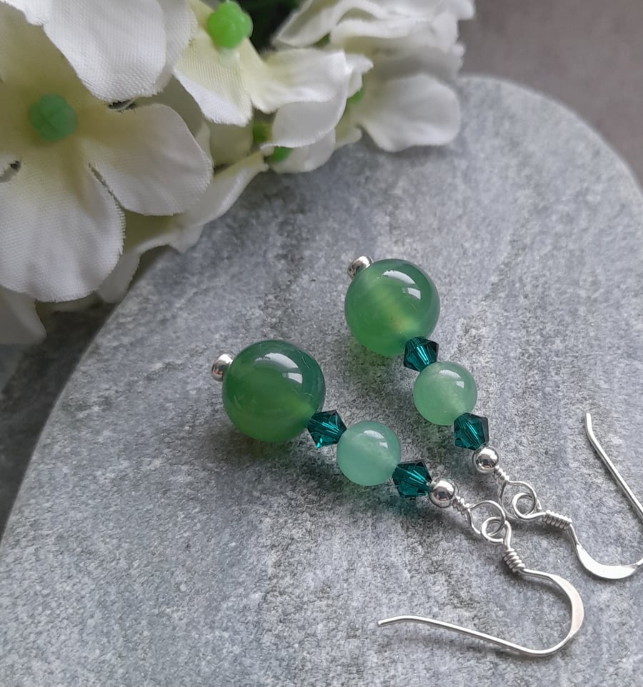 Green Agate and Green Crystal Drop Sterling Silver Earrings 