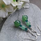 Green Agate and Green Crystal Drop Sterling Silver Earrings 