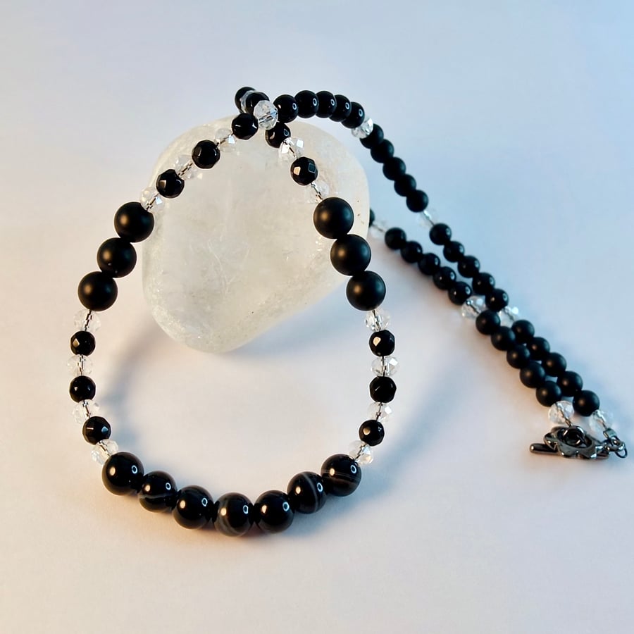 Black Onyx Necklace With Faceted Crystals - Birthday, Anniversary, Gifts For Her