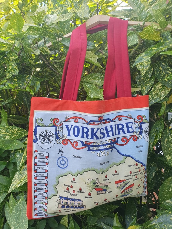 Handcrafted vintage Yorkshire map tea towel tote bag fully lined
