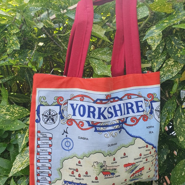 Handcrafted vintage Yorkshire map tea towel tote bag fully lined