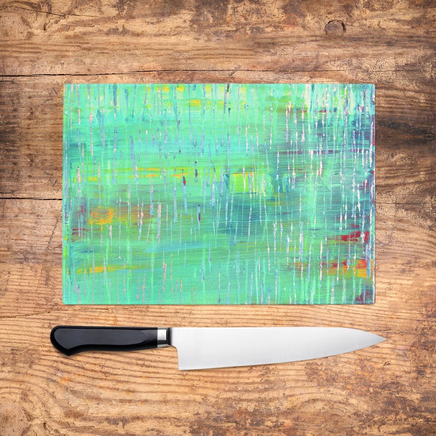 Green Abstract Glass Chopping Board - Mint Green Worktop Saver, Platter, Tray, L