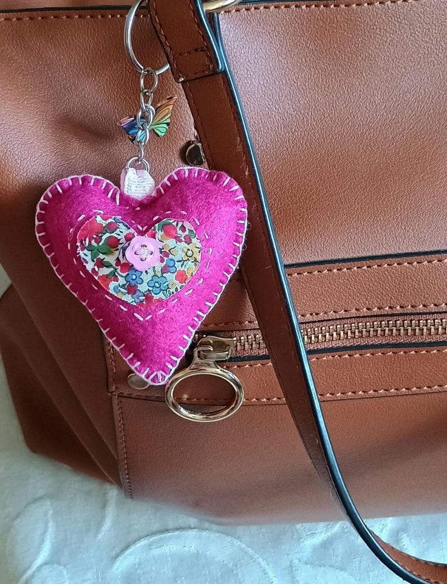 Felt bag charm, embroidered felt heart pink keychain
