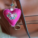 Felt bag charm, embroidered felt heart pink keychain