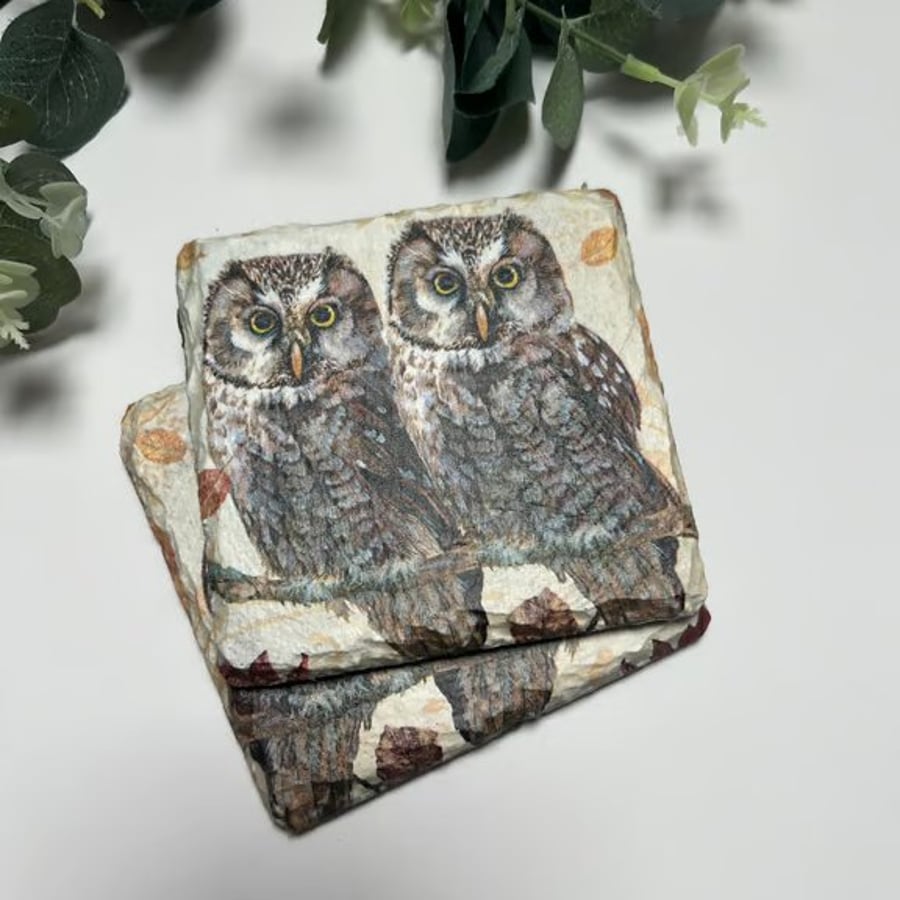 Slate Coasters Set of 2: Decoupage Owls- Home Decor, Dining, Gifts, Kitchen