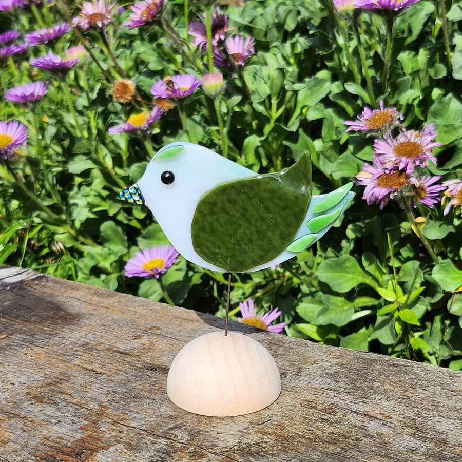 Fused Glass Fantasy Bird Standing on a Wooden Half Sphere