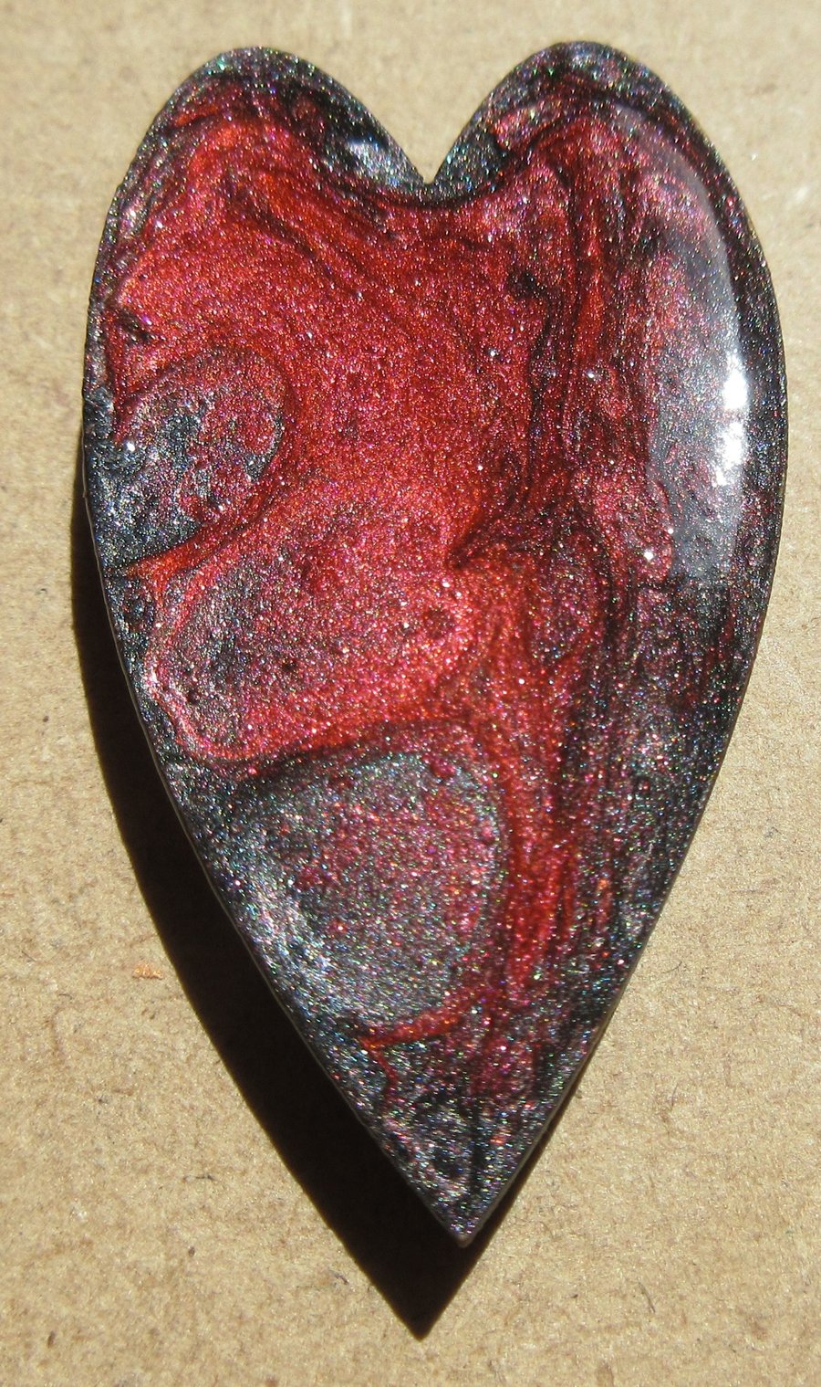 Handmade marbled black and red wooden heart brooch 