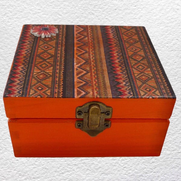 Orange Stripe: Decoupaged Wooden Trinket Keepsake Box 12cm (4.75”)