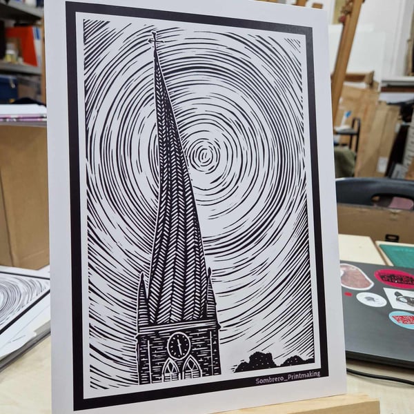 Crooked Spire Chesterfield - A4 black and white print. Based on my lino print.