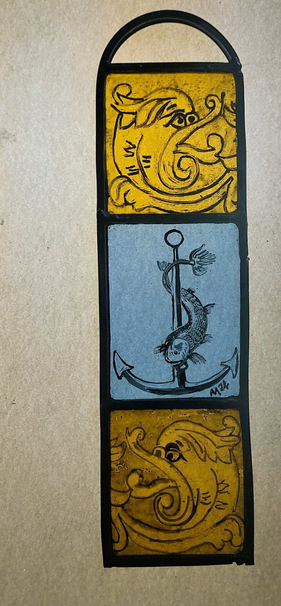 Sea Monsters Contemporary stained glass panel 