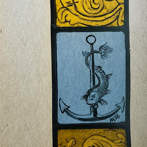 Sea Monsters Contemporary stained glass panel 